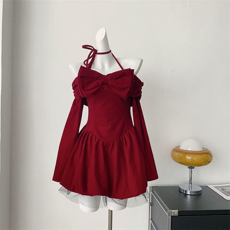 Long Sleeve Cold Shoulder Bow Mesh Panel Velvet Mini A-Line Dress Product Image