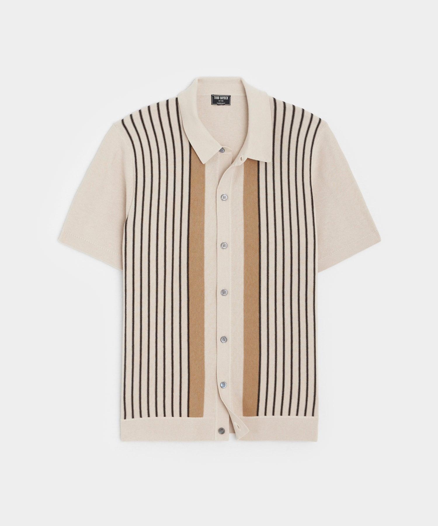 Vertical Stripe Full-Placket Polo in Bisque Product Image