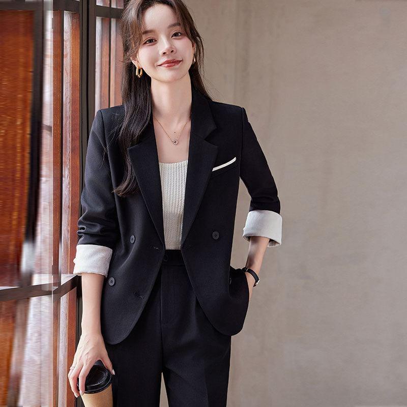 Lapel Collar Plain Single Button Blazer / Mid Waist Plain Wide Leg Slacks / Set Product Image