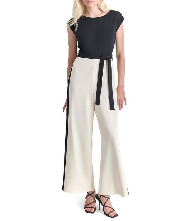 DKNY by Donna Karan Scuba Crepe Color Block Boat Neck Sleeveless Wide Leg Tie Waist Jumpsuit Product Image