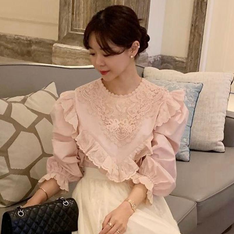 Long-Sleeve Lace Asymmetrical Plain Blouse Product Image