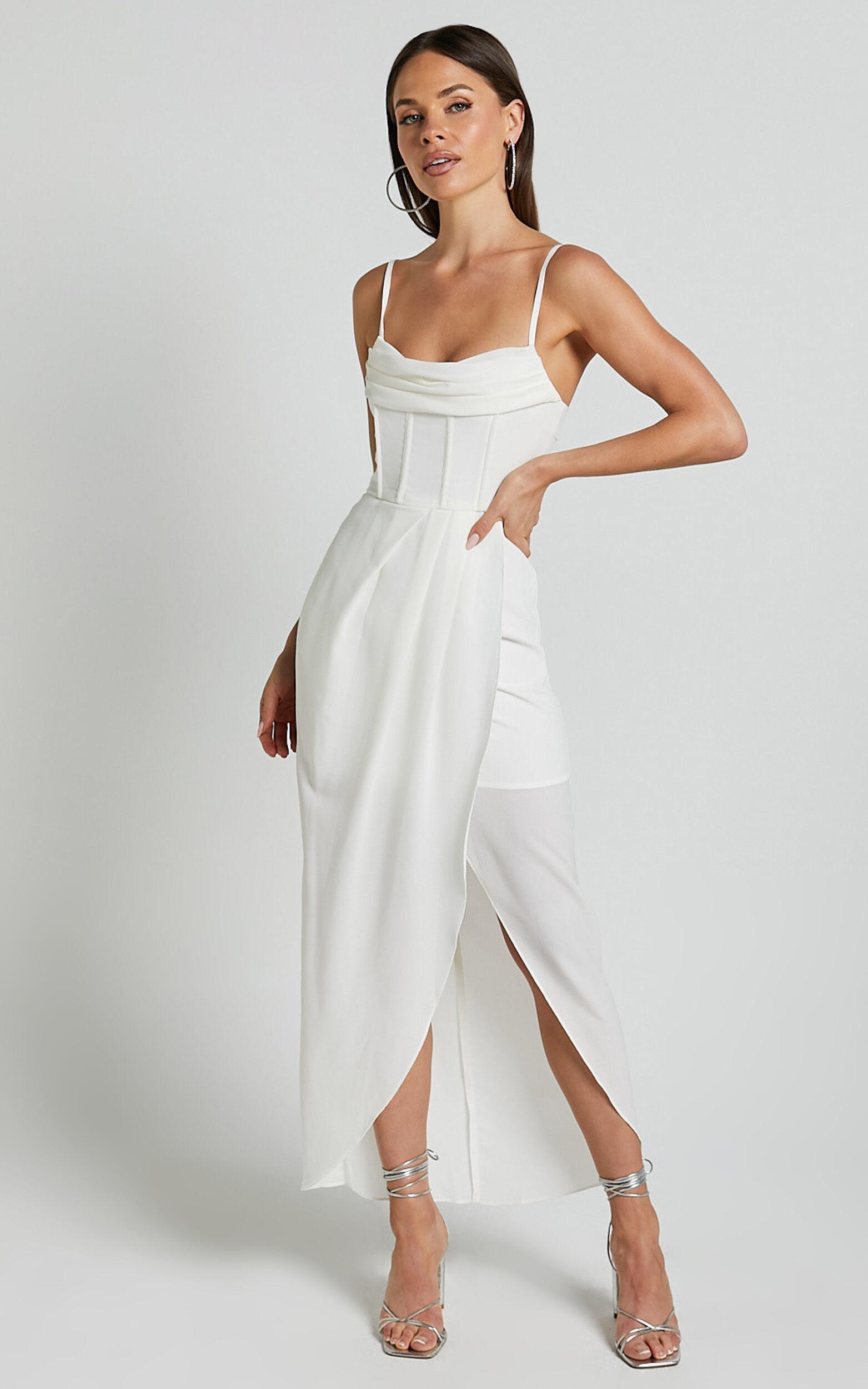 Andrina Midi Dress - High Low Wrap Corset Dress in White Product Image