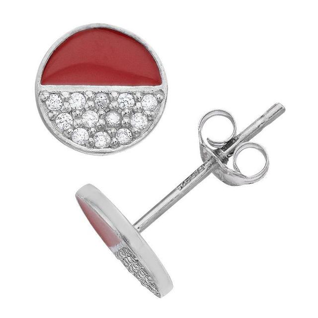 Aleure Precioso Sterling Silver Cubic Zirconia & Enamel Circle Stud Earrings, Womens, Sterling Red Product Image