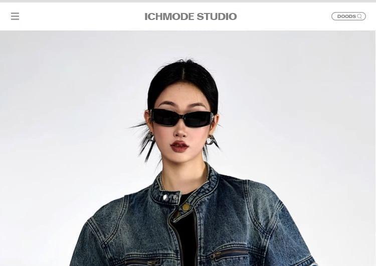 Band Collar Washed Denim Zip Jacket Product Image