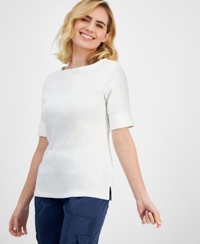 Style & Co Petite Cotton Elbow-Sleeve Boat-Neck Top, Created for Macys Product Image