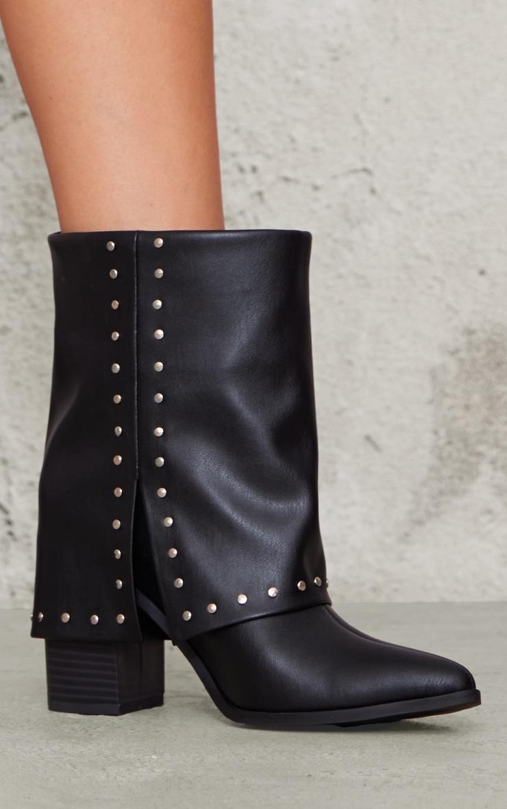 Black PU Point Toe Studded Fold Over Block Heel Ankle Boots Product Image