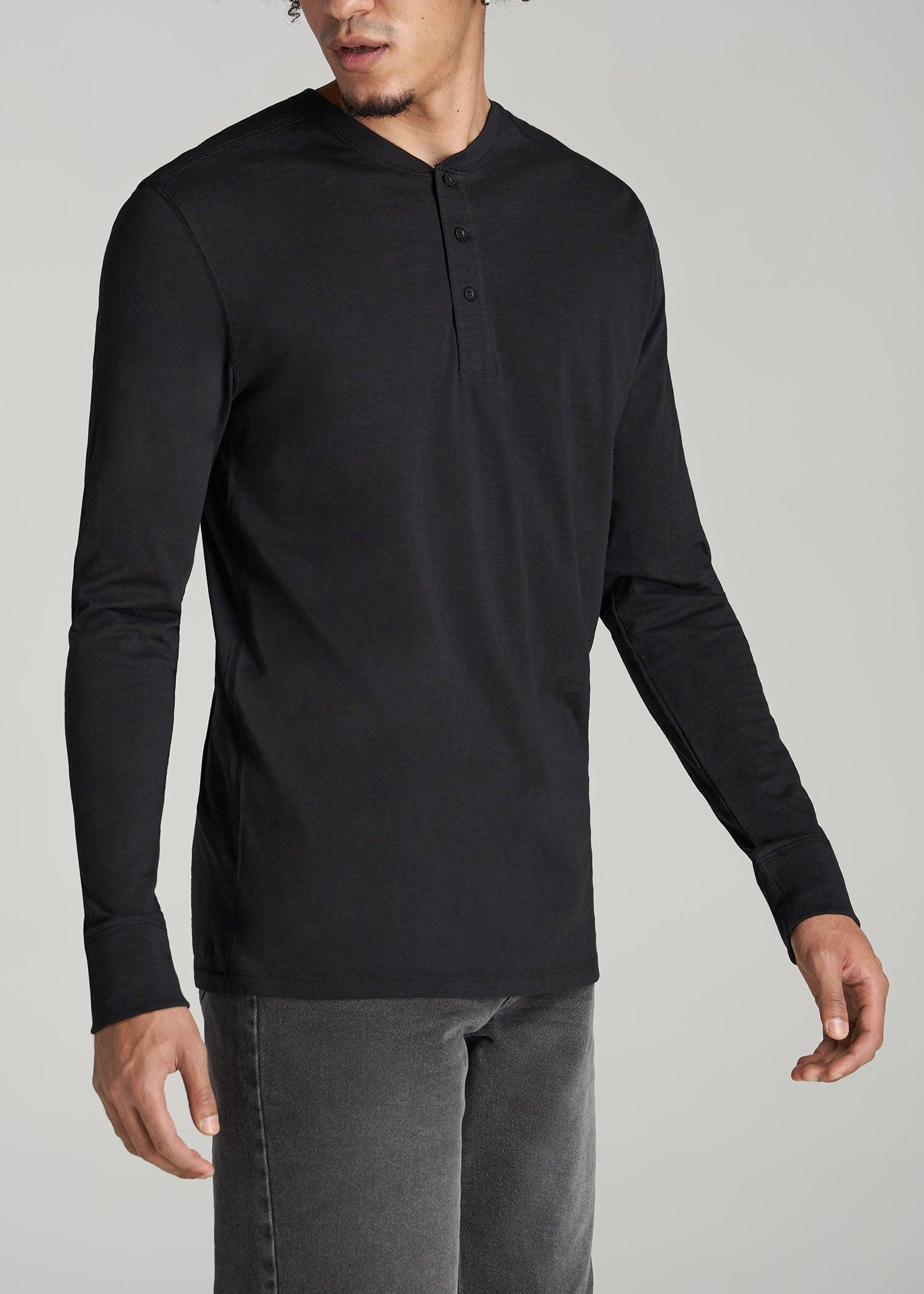 Men's Tall Three Button Long Sleeve Slub Henley in Black Product Image