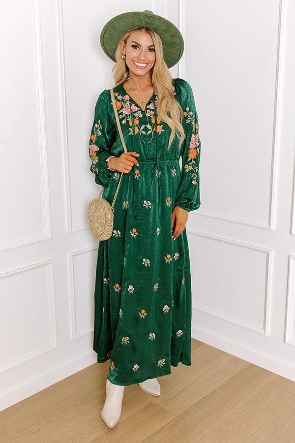 Whispering Sweet Nothings Embroidered Maxi In Hunter Green Product Image