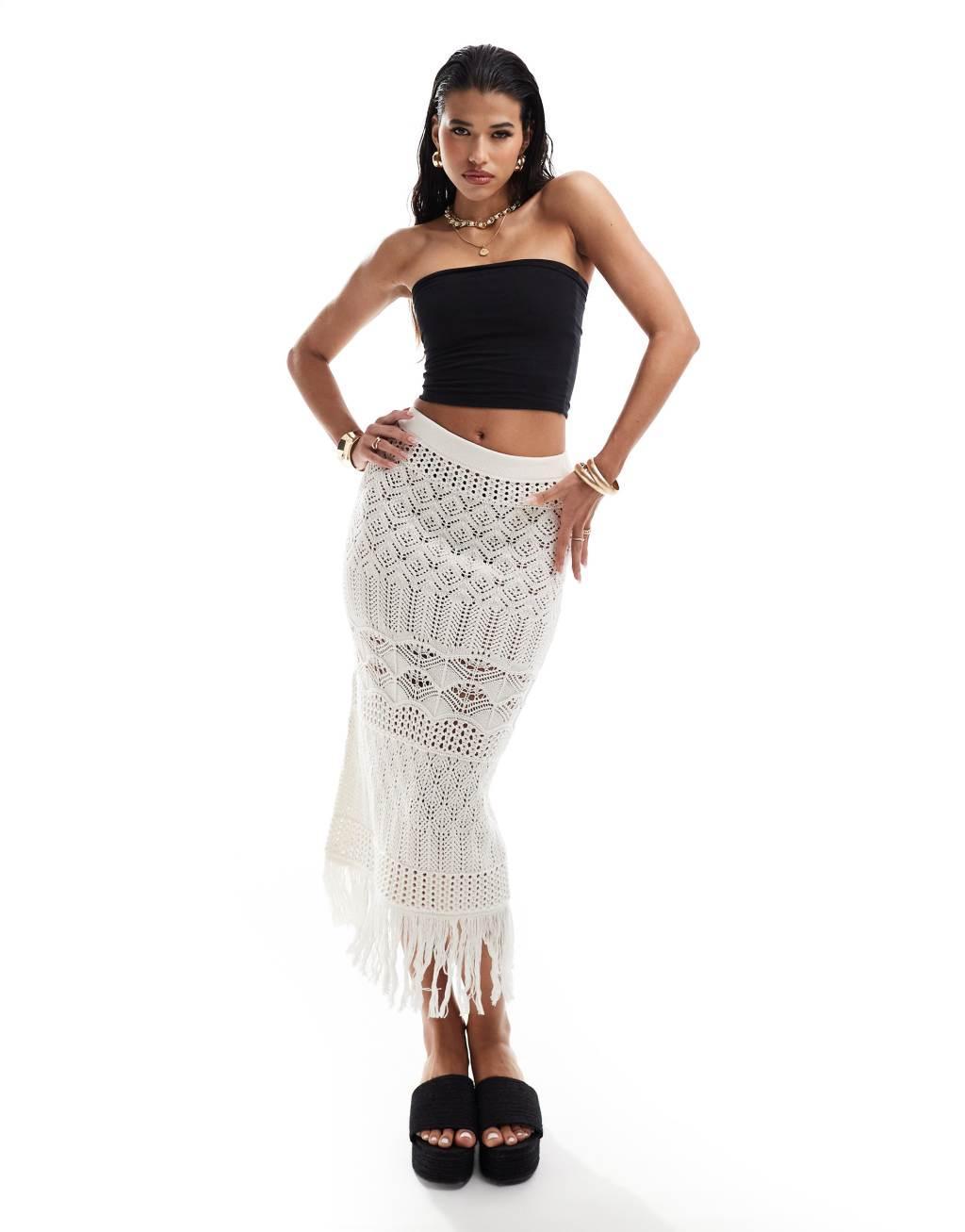 Miss Selfridge beach crochet fringe detail maxi skirt in cream Product Image