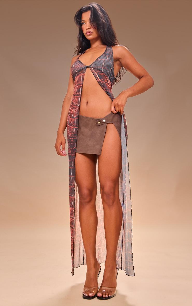 Brown Printed Mesh Halter Split Hem Long Top Product Image