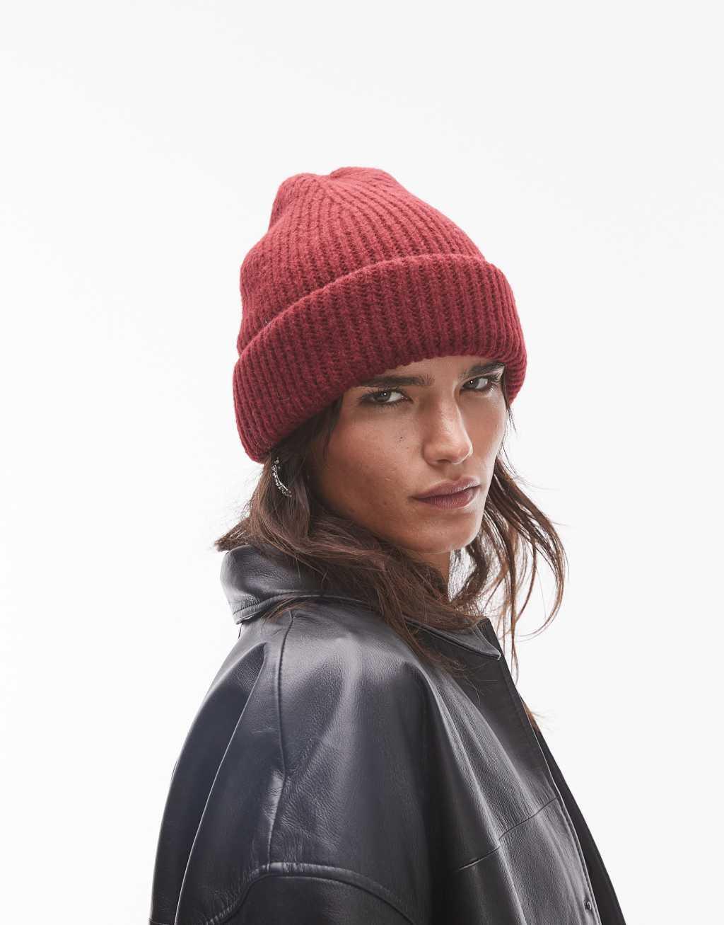 Topshop Henry ribbed beanie in red product image