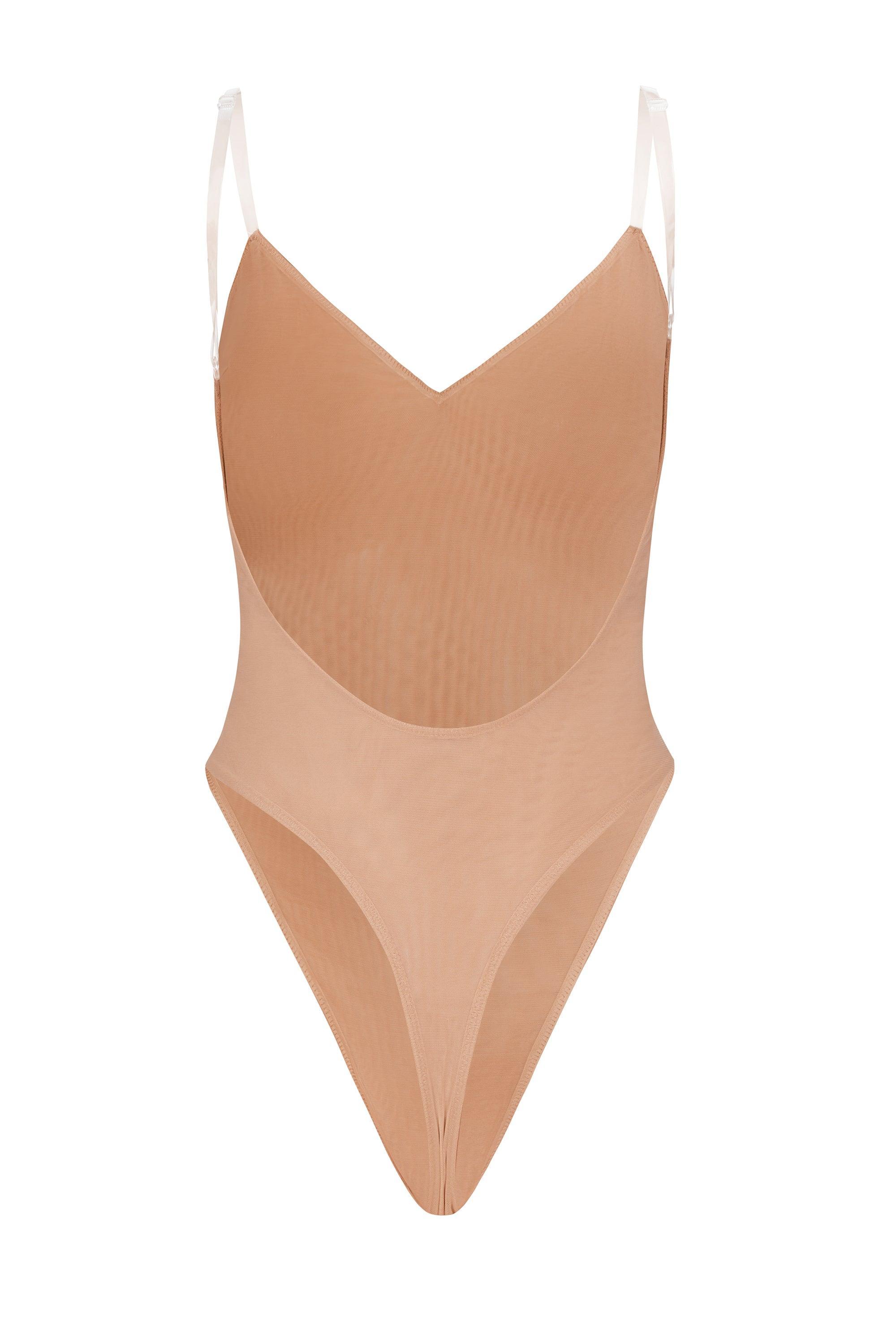 Soft Mesh V-Neck Bodysuit in Warm Peach Product Image