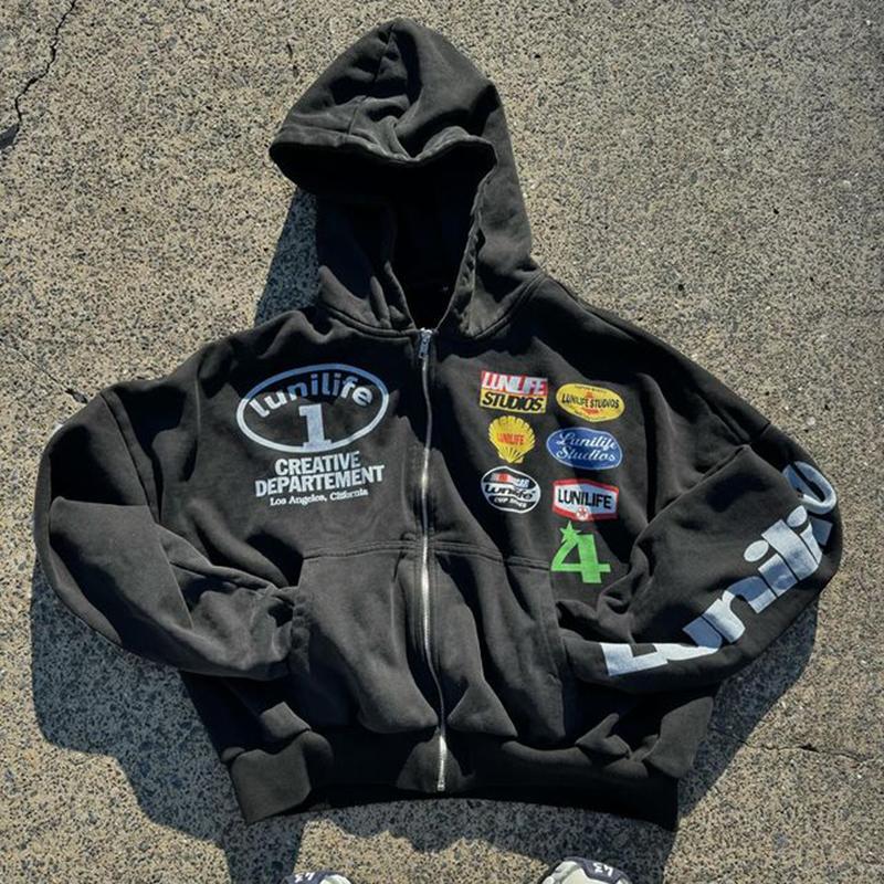 Vintage Creative Graphic Hip Hop Oversized Zip Up Hoodie Product Image