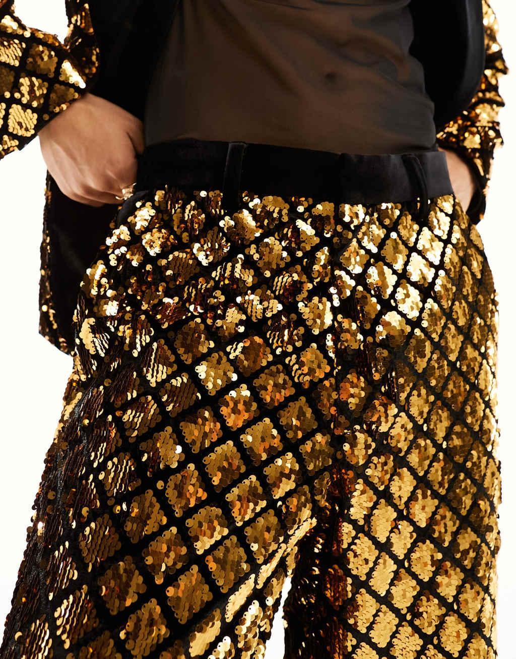 ASOS DESIGN wide suit pants in diamond sequin in black and gold Product Image