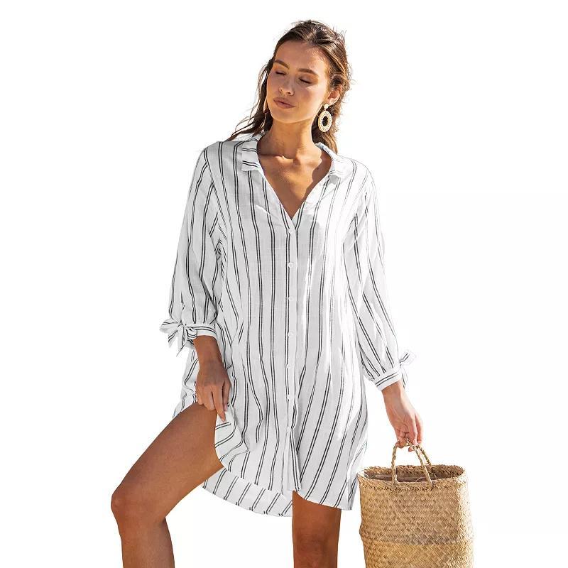 Womens CUPSHE Oversized Striped Button Down Shirt Swim Cover-Up Dress Product Image