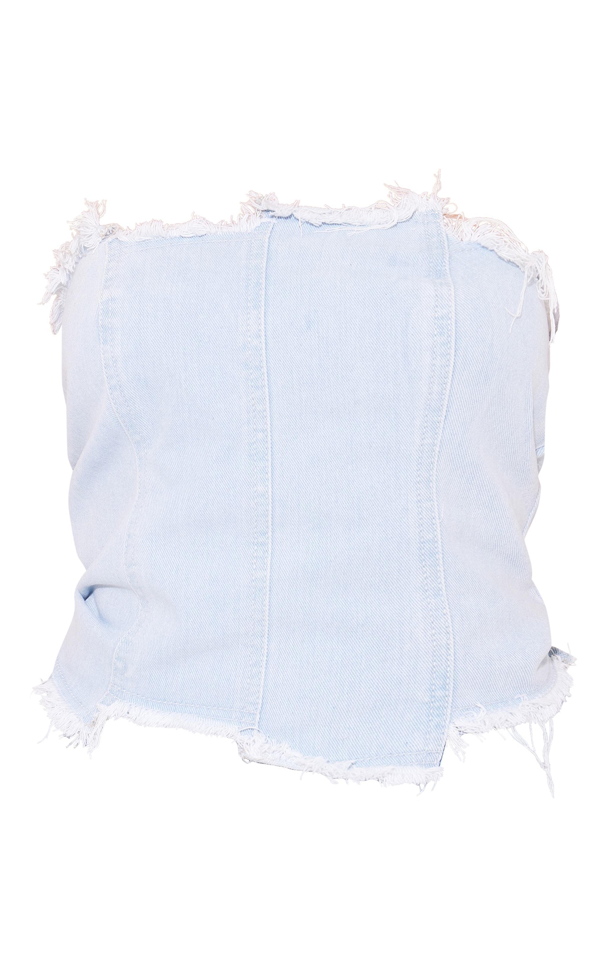 Light Blue Wash Seam Raw Hem Detail Denim Corset Top Product Image