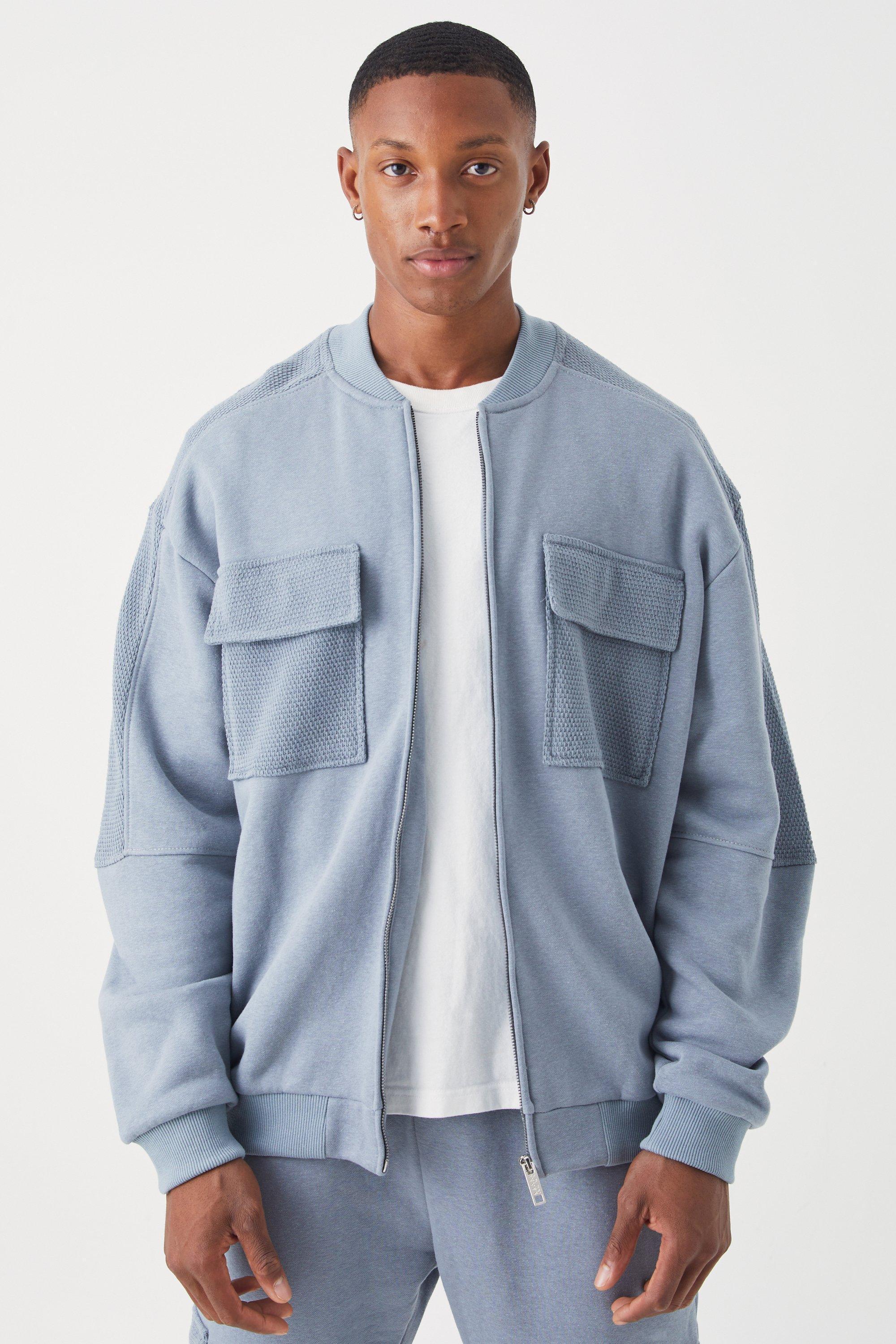 Oversized Boxy Textured Pocket Bomber Jacket | boohooMAN USA Product Image