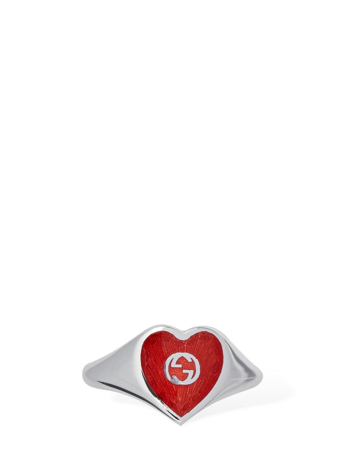 GUCCI Sterling Silver Interlocking G Heart Enamel Ring In Red   / Silver Product Image