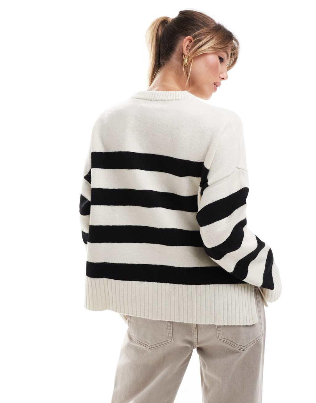 Bershka chunky crew neck sweater in ecru & black stripe Product Image