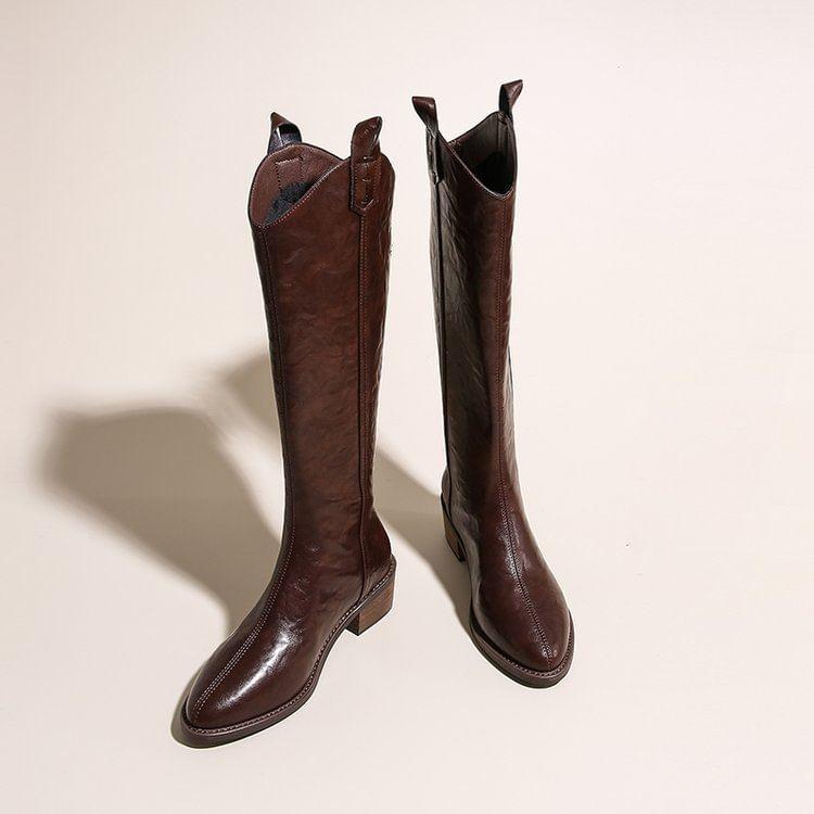 Block Heel Plain Cowboy Tall Boots Product Image