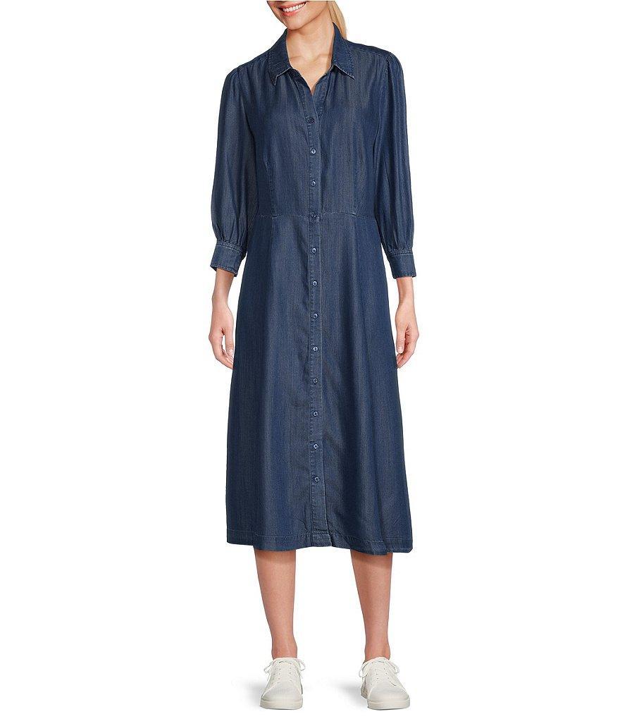 Intro Slub Denim Point Collar 3/4 Sleeve Pocketed Button Front Midi Dress Shirt Product Image