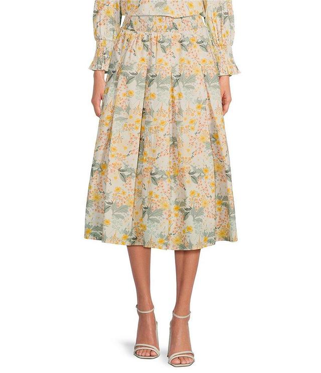 Buru Floral Smocked Waist Pull-On Pocketed A-Line Coordinating Midi Skirt Product Image