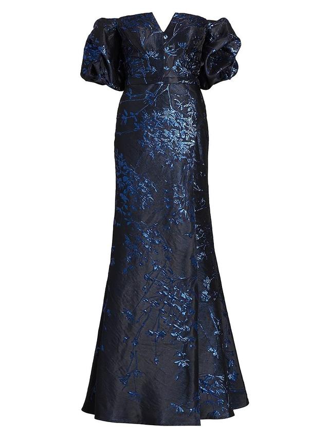 Womens Jacquard Puff-Sleeve Fit-&-Flare Gown Product Image