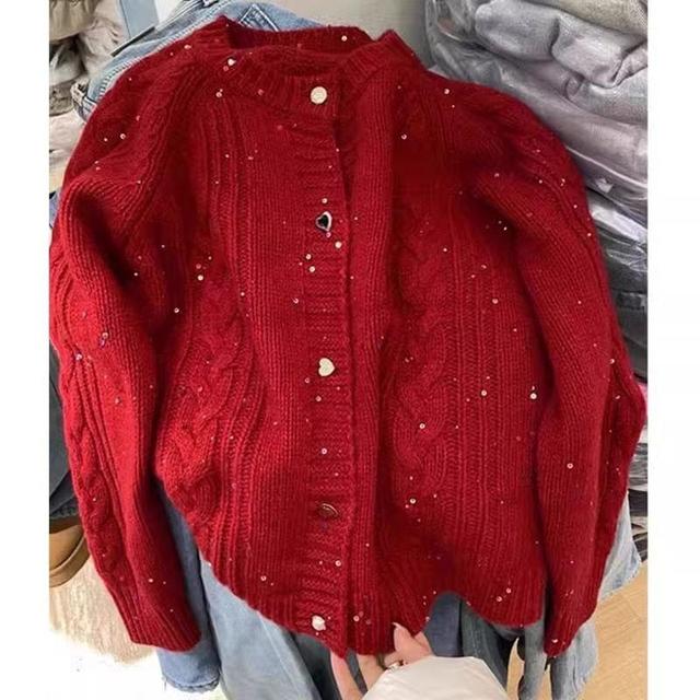 Crew Neck Sequin Cable Knit Button-Up Cardigan Product Image