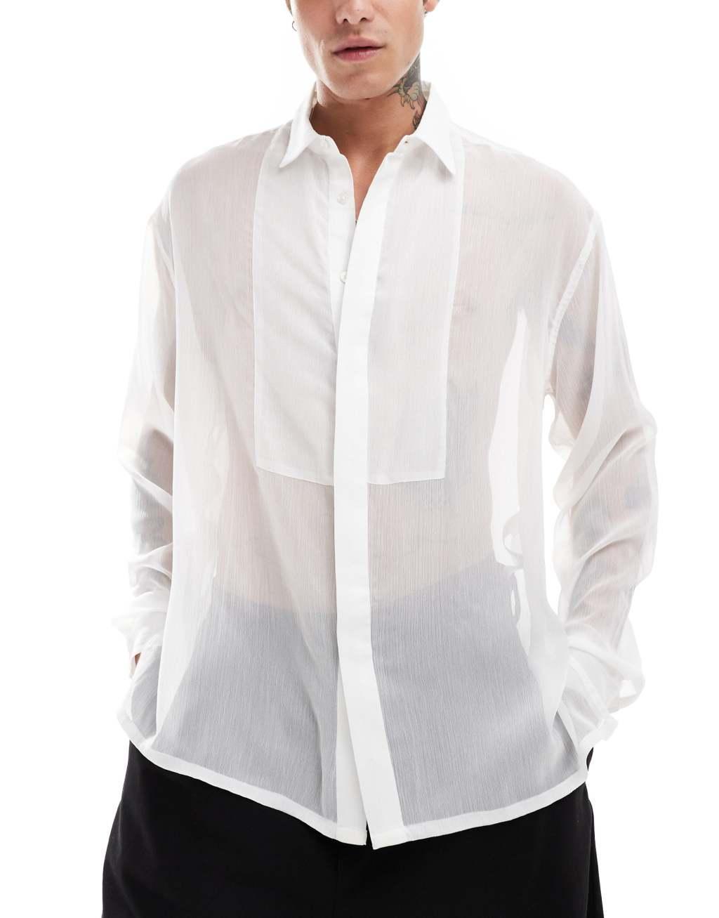 ASOS DESIGN 90s oversized organza shirt with bib detail in white Product Image