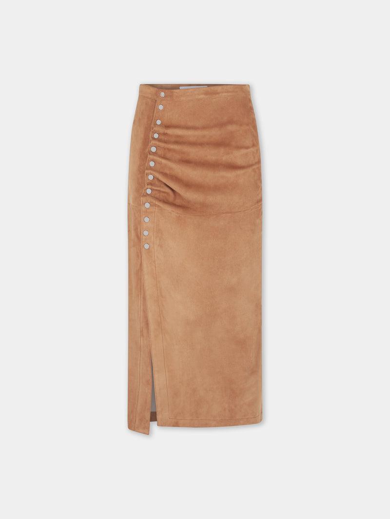 CARAMEL LONG DRAPED SKIRT IN LEATHER Product Image