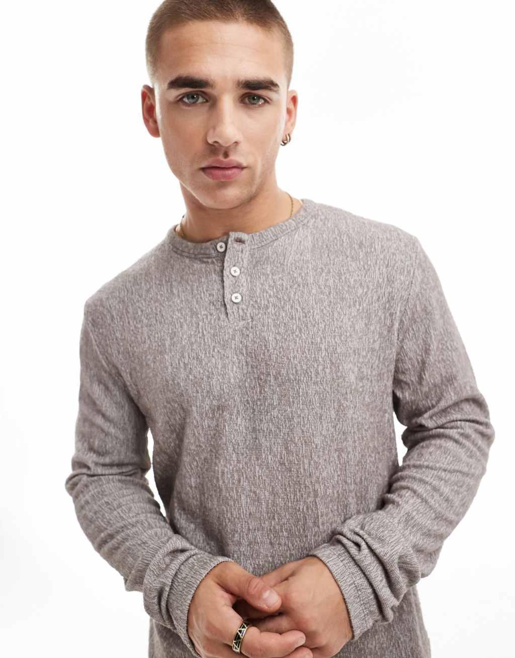 ASOS DESIGN standard long sleeve t-shirt with henley neckline in crinkle Product Image