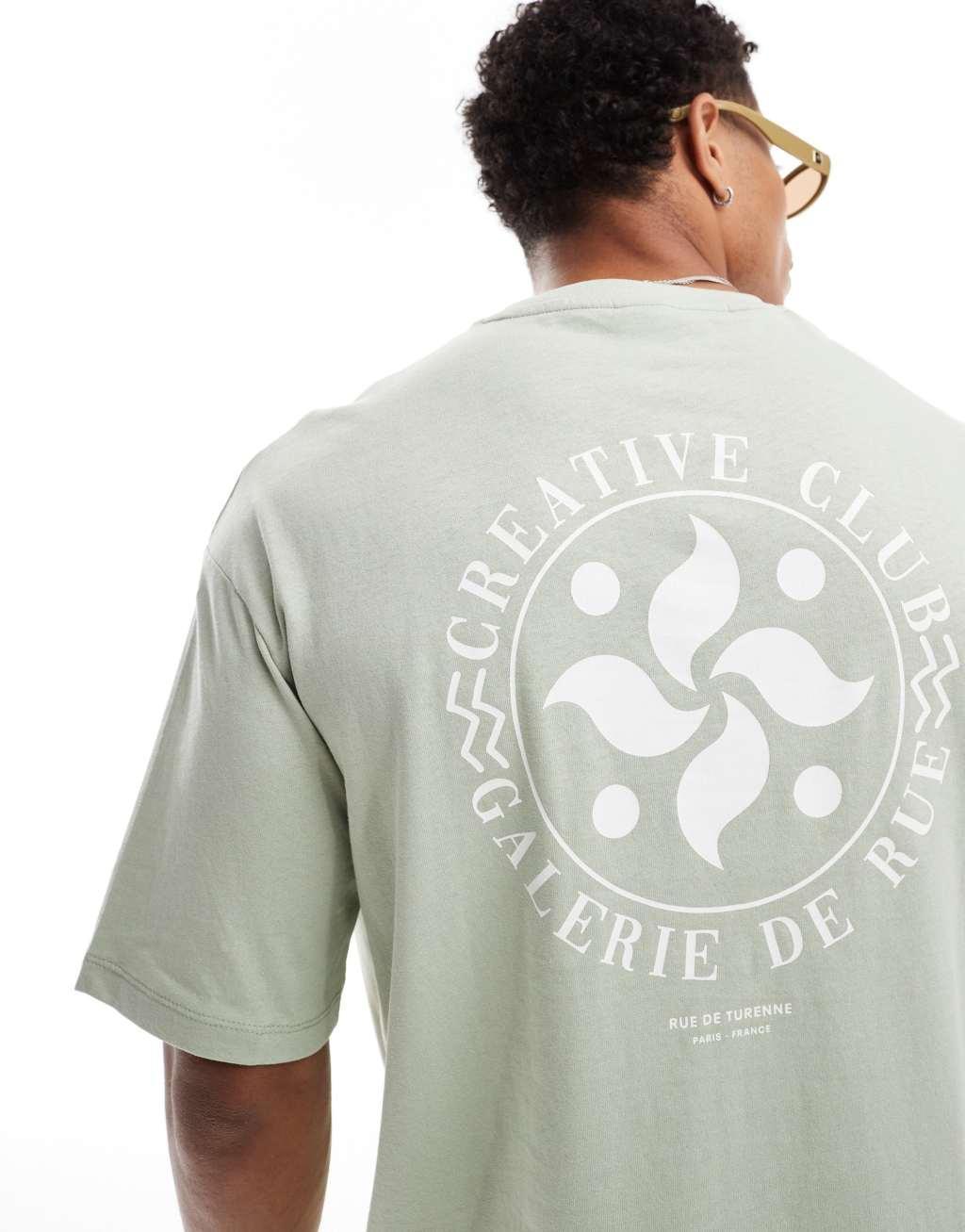 Selected Homme oversized T-shirt with creative circle back print in green Product Image