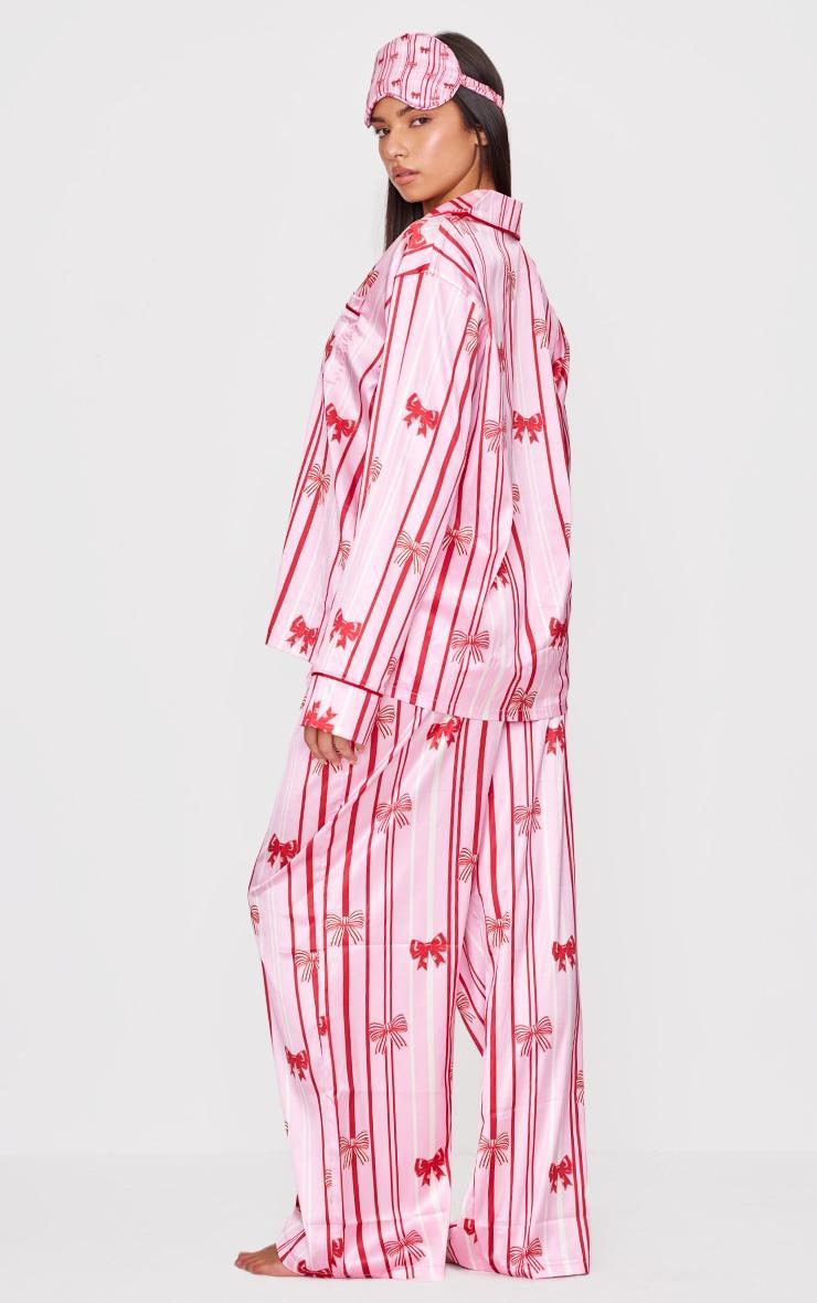 Pink Stripe Bow Print Satin Long Pj Set Product Image