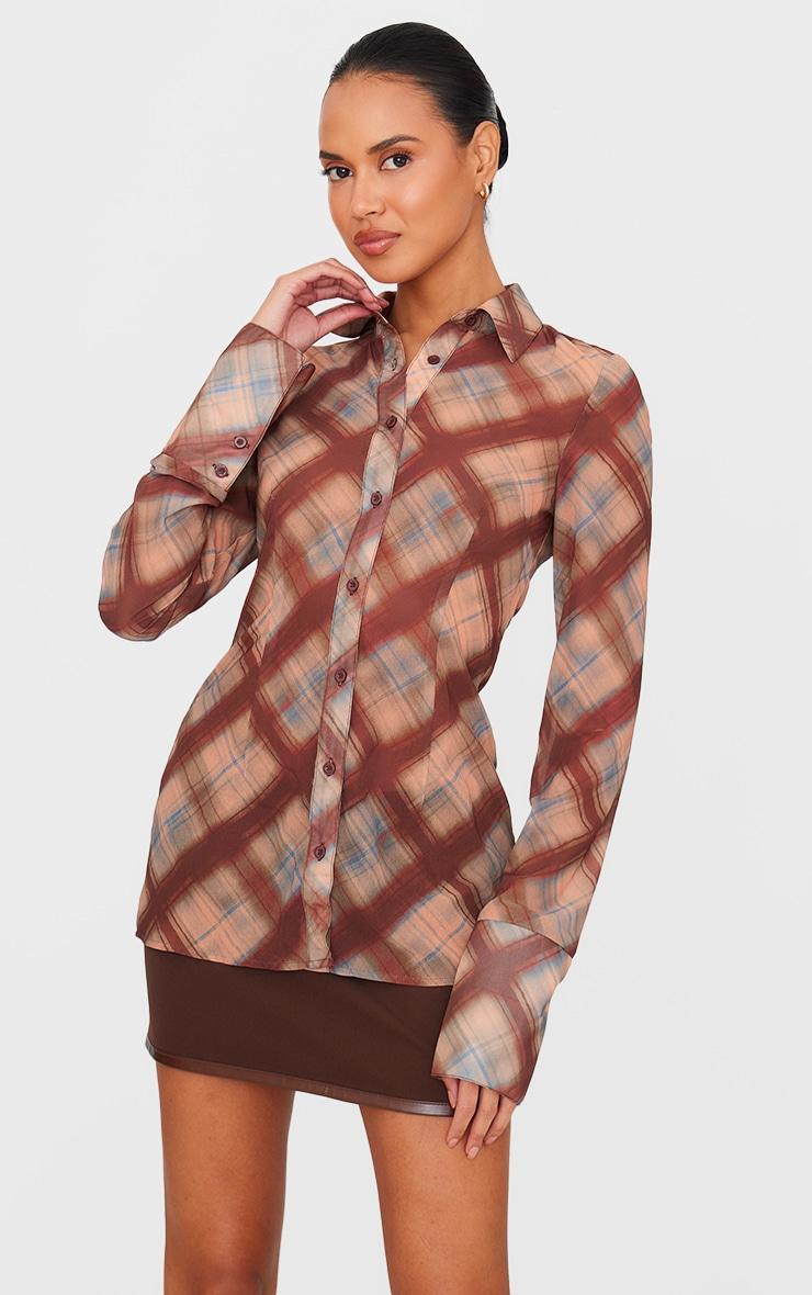 Brown Check Print Chiffon Fitted Shirt Product Image