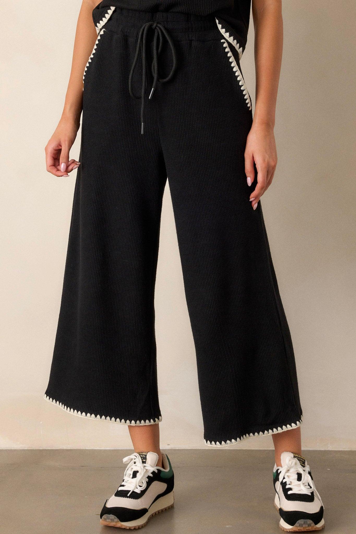 Anytime Now Black Blanket Stitch Wide Leg Pants Product Image