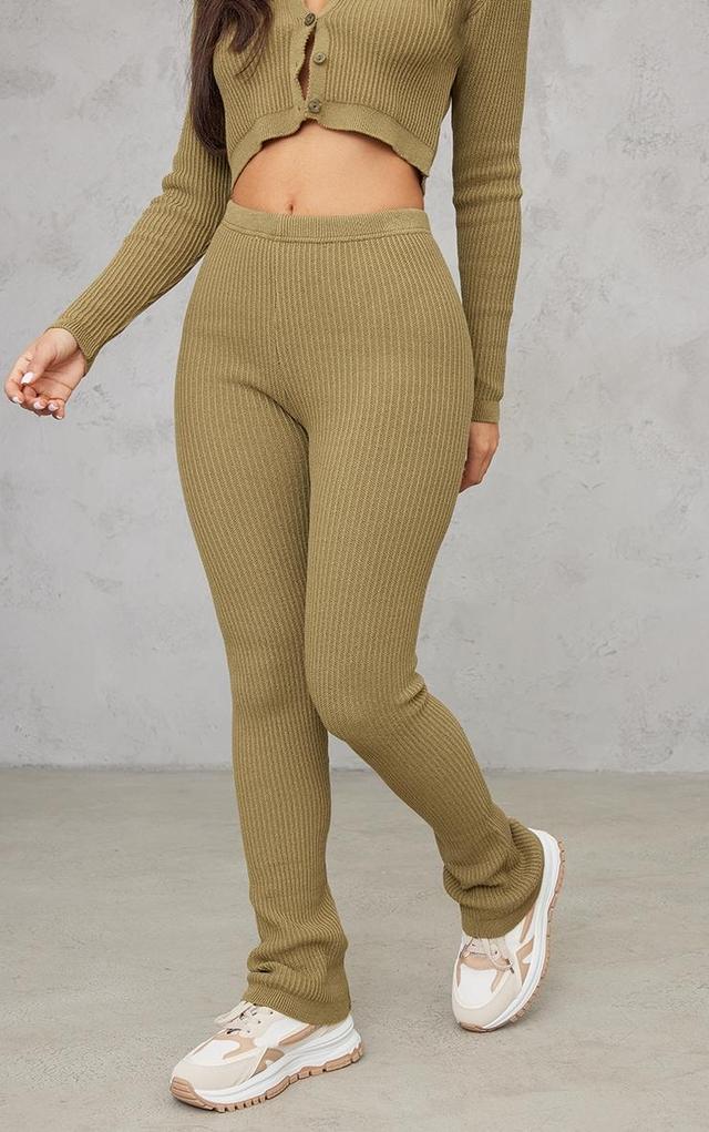 Petite Khaki Knitted Rib High Waisted Skinny Flare Pants Product Image