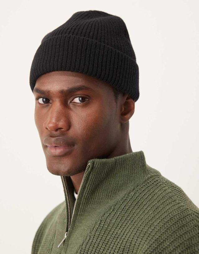 ASOS DESIGN lambswool fisherman ribbed beanie in black Product Image