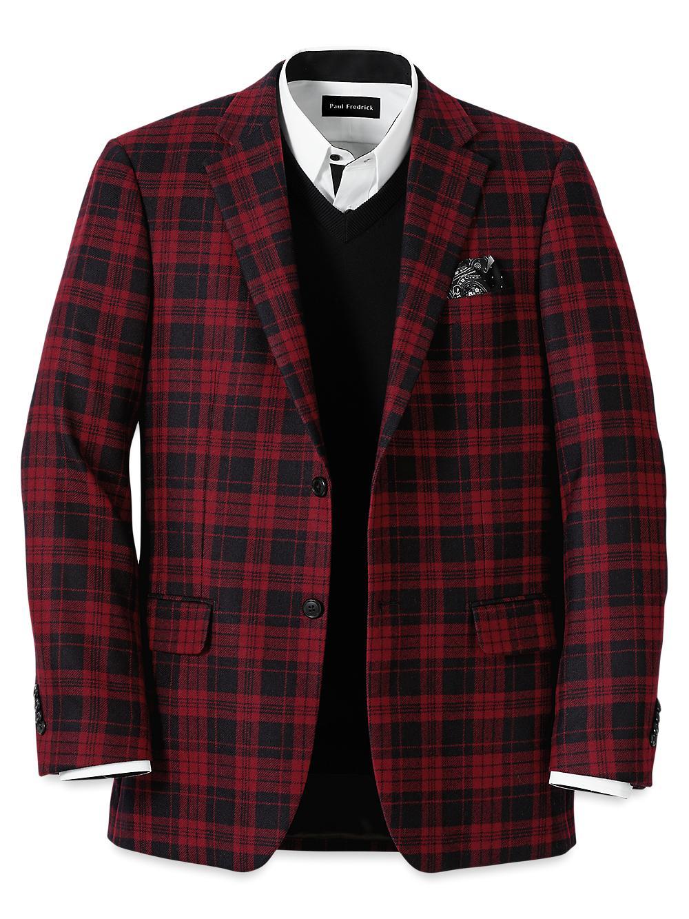 Wool Plaid Single Breasted Notch Lapel Sport Coat - Black/red Product Image