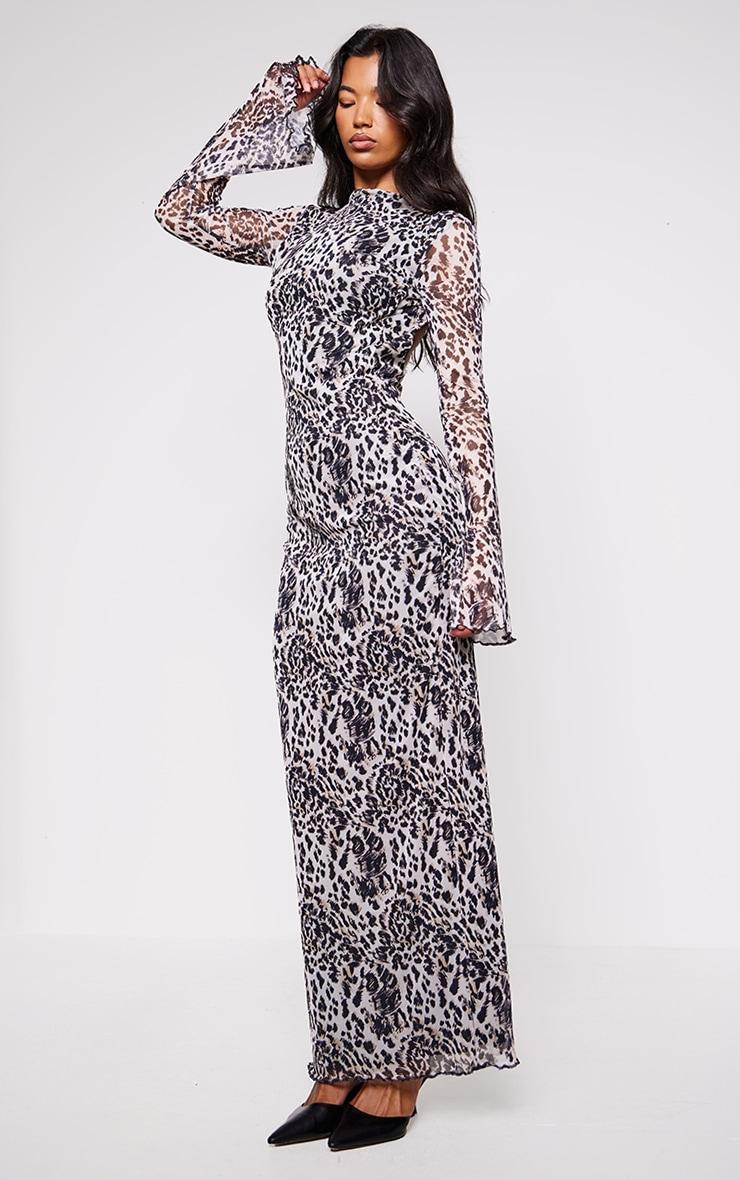 Brown Leopard Print Mesh Long Sleeve Maxi Dress Product Image