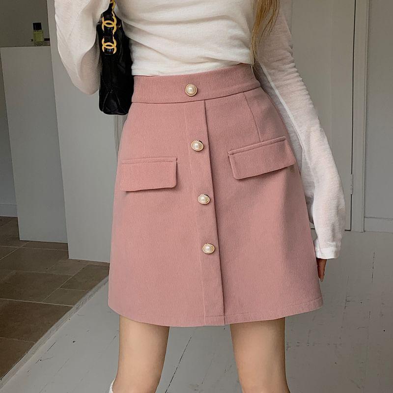 High-Waist Plain Corduroy A-Line Skirt Product Image