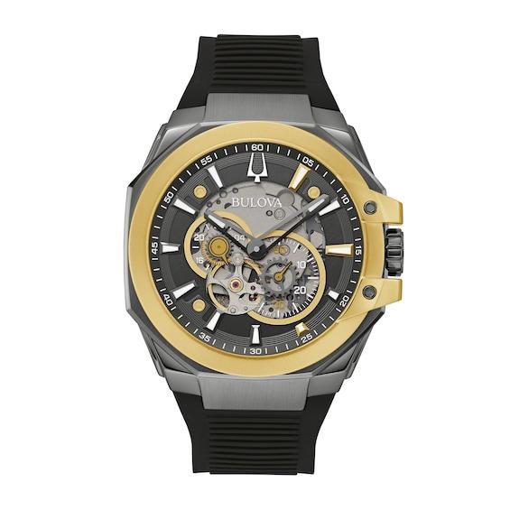 Men's Bulova Maquina Marc Anthony Gold-Tone IP Chronograph Silicone Strap Watch with Grey Skeleton Dial (Model: 98A310) Product Image