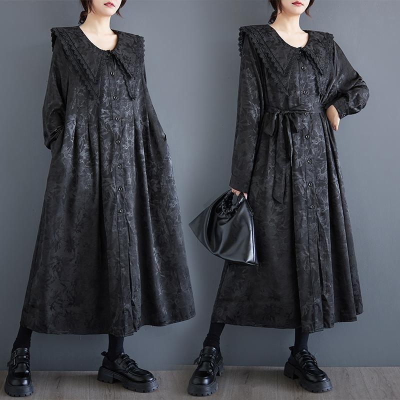 Long-Sleeve Collared Jacquard Midi A-Line Dress Product Image