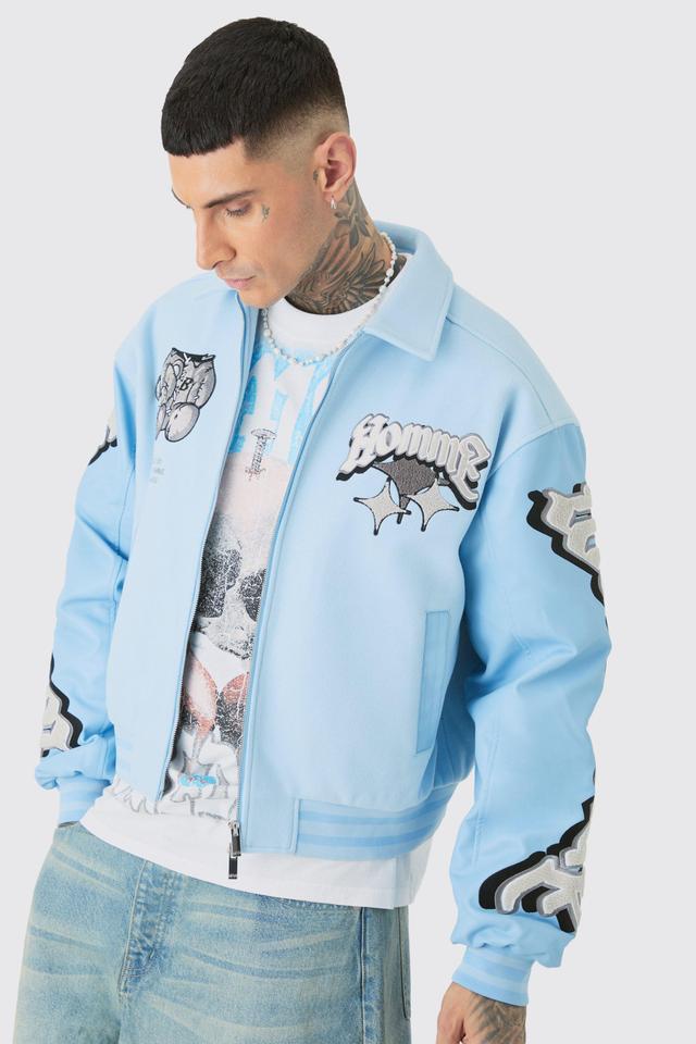 Mens Blue Tall Boxy Teddy Applique Bomber Jacket, Blue Product Image