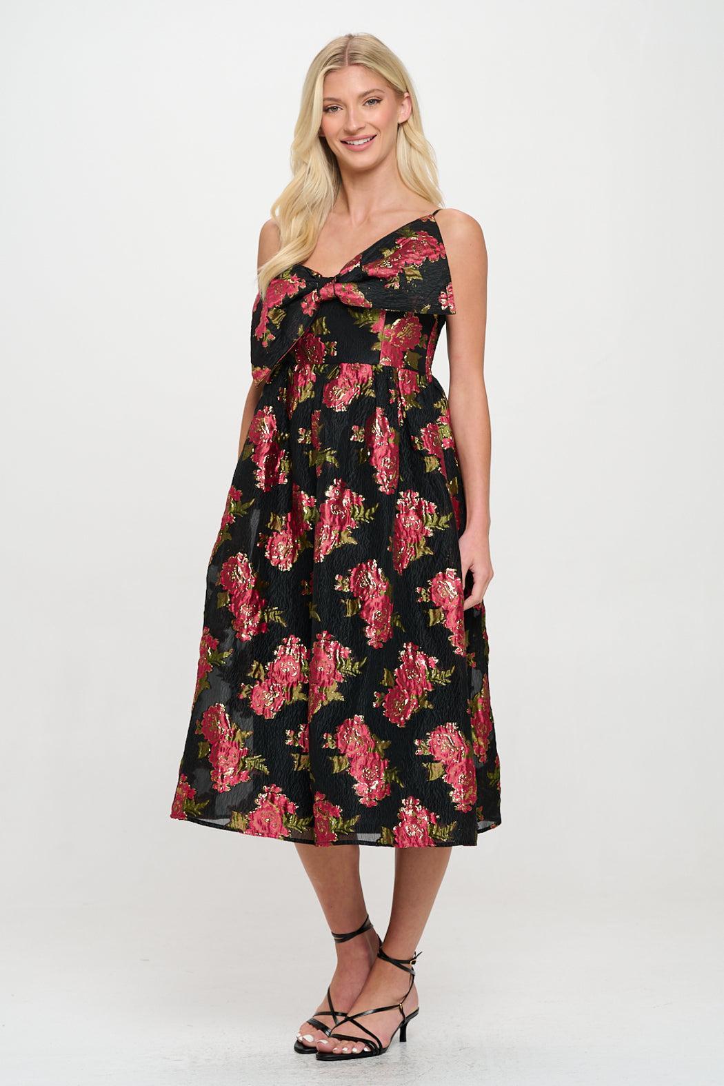 Scarlet Blossom Noir Bow Midi Dress Product Image