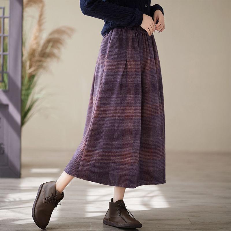 Elastic Waist Plaid Midi A-Line Skirt Product Image