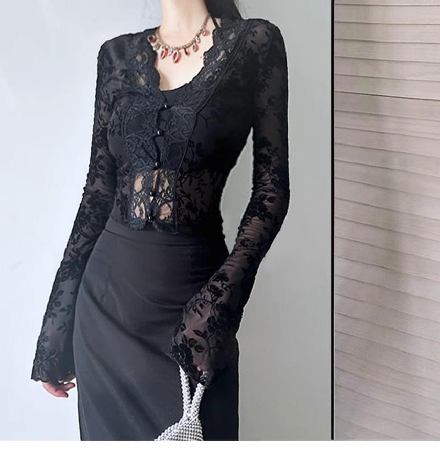 Long-Sleeve V-Neck Lace Crop Top Product Image