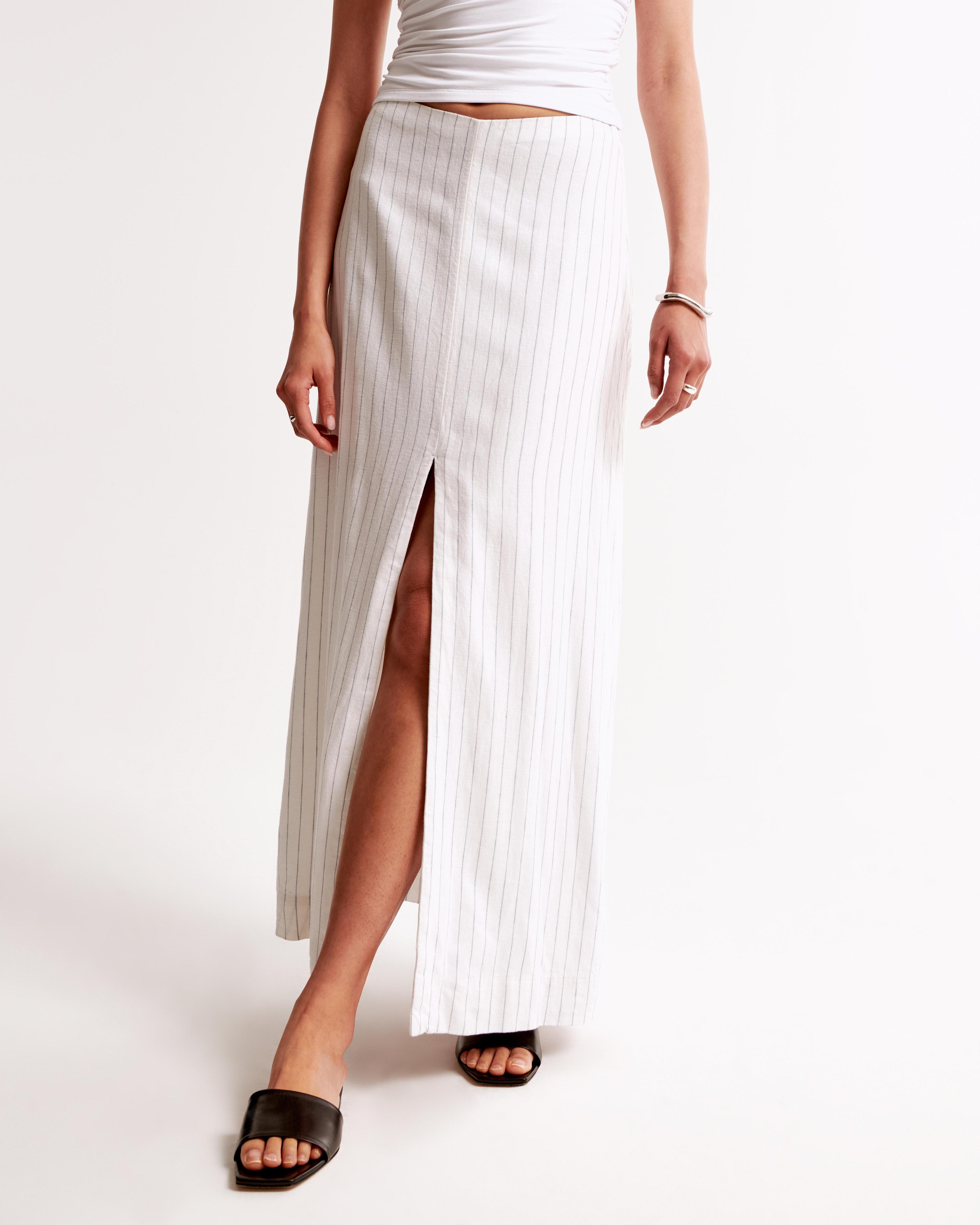 Linen-Blend Front-Slit Maxi Skirt Product Image