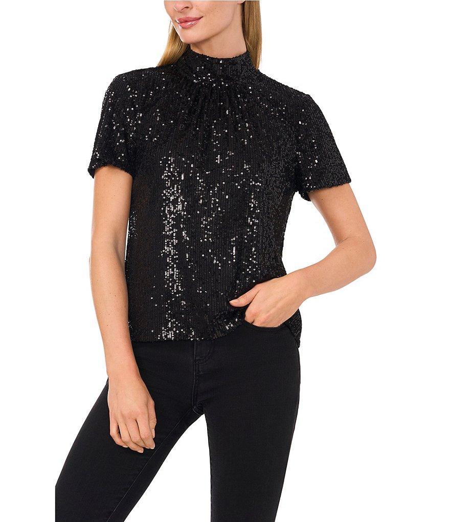 CeCe Sequin Bow Tie Mock Neck Short Sleeve Top Product Image