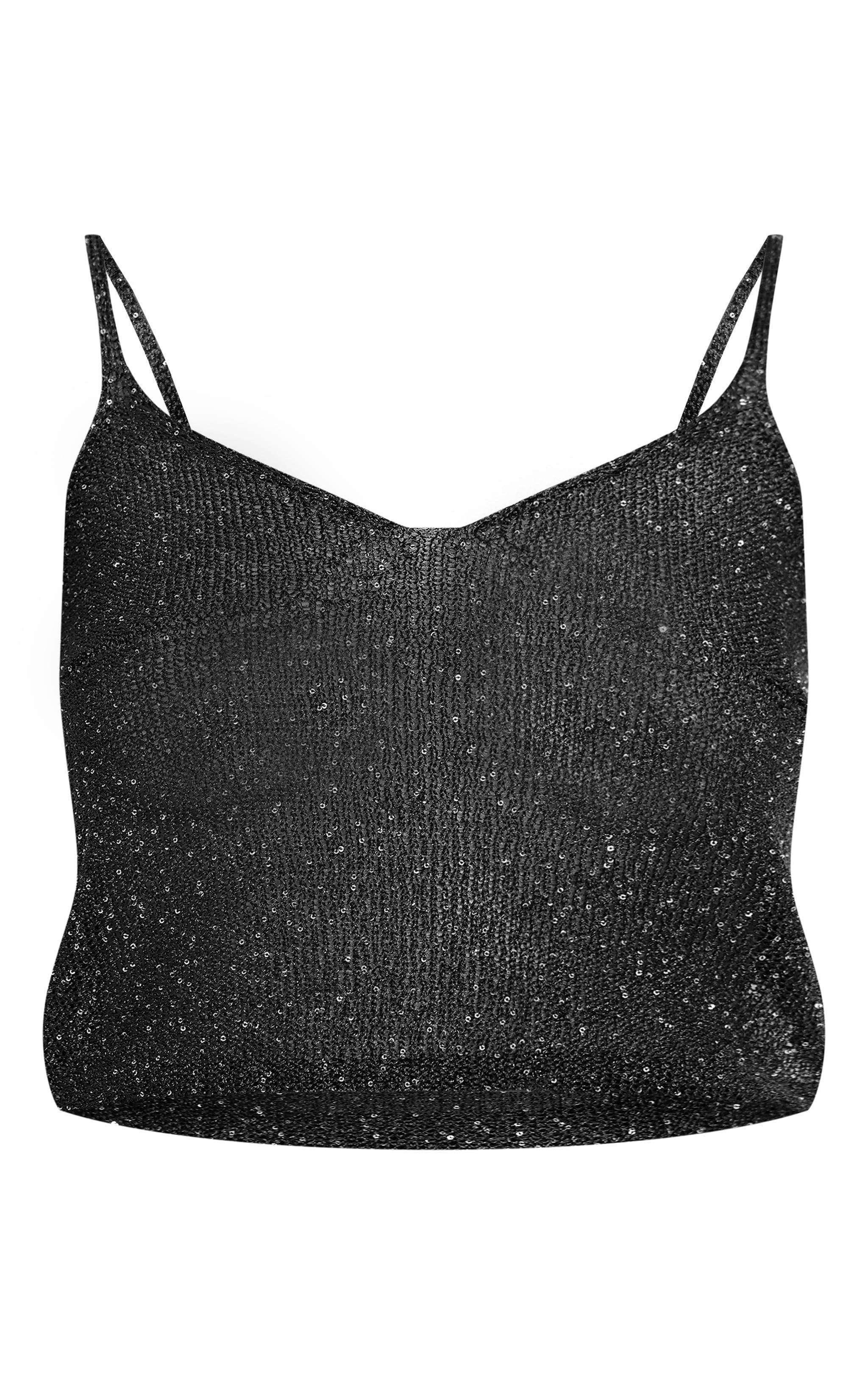 Tall Black Sequin Detail Knitted Cami Top Product Image