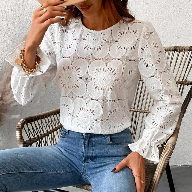 Women's Long Sleeve Embroidered Floral Eyelet Blouse Shirt- Cupshe-L-White Product Image